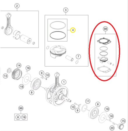 Поршень KTM450F/FC450 (с20), B + прокладки, original